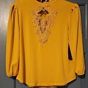 NWT Sweet Rain Mustard Lace Blouse large Business Dressy 3/4 Sleeve